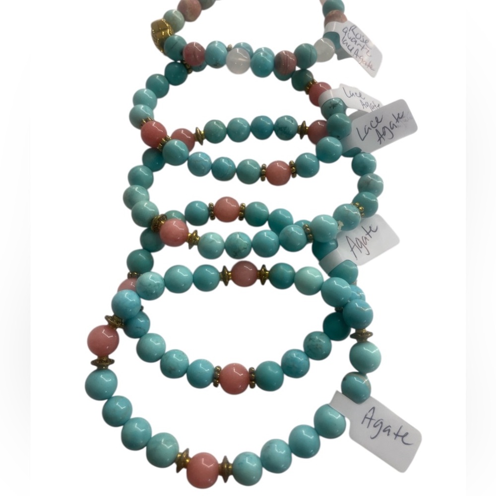 Lace Agate colored Turquoise, Rose Quartz Gemstone Bracelet,Stretch - Picture 4 of 7